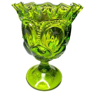 L.E. Smith Moon & Stars Footed Compote ruffled edge Green